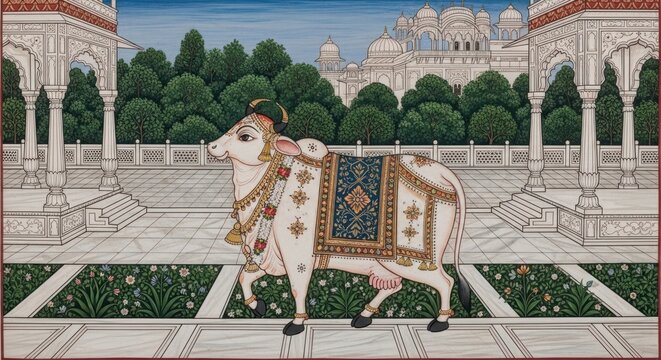 Traditional Indian Miniature Painting of a Decorated Cow in a Palace Courtyard.