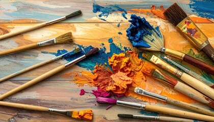 Fototapeta premium Colorful paintbrushes and vibrant paint splatters on a wooden surface.
