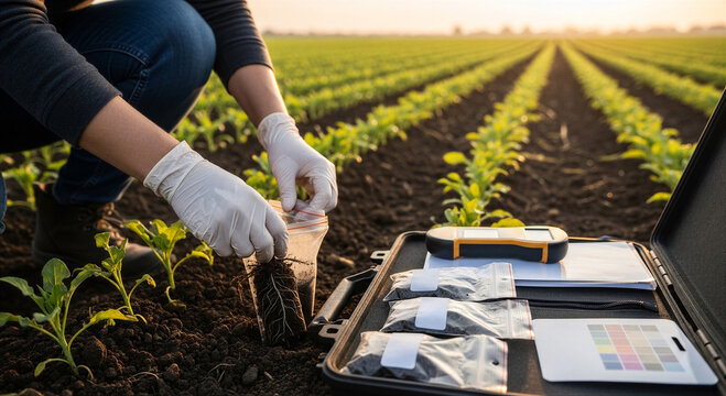 Agricultural scientist collecting soil and plant root samples for laboratory analysis in a field with rows of young crops at sunset