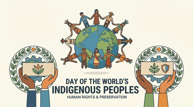 Illustration of hands holding plates with symbols on Day of World's Indigenous Peoples with a colorful global unity theme