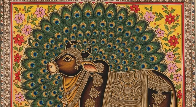 Traditional Indian Miniature Painting of a Decorated Cow with Peacock Feathers.
