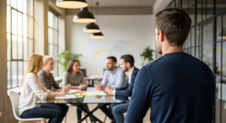 Fototapeta premium Rear view of a man looking at a group of colleagues having a business meeting in a modern office