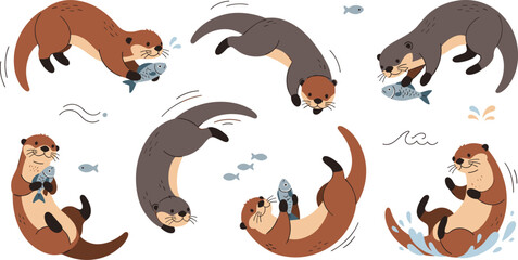 Obraz premium Playful River Otter Character Set Swimming and Catching Fish with Dynamic Water Splashes and Nature Elements for Wildlife Illustration
