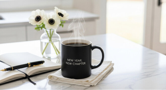 A black coffee mug with the text new year, new chapter sits on a white napkin next to a notebook, a pen, and a vase of white flowers