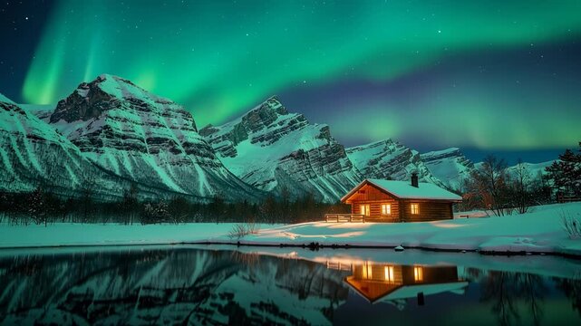Cozy cabin reflecting on serene lake under mesmerizing northern lights aurora borealis landscape