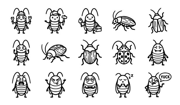 Cockroach icon set black and white cartoon pest vector collection