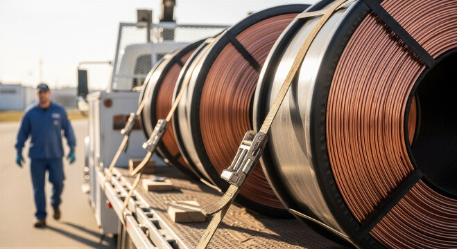 Industrial worker walking near a flatbed truck loaded with large spools of copper wire or cable at a construction or job site