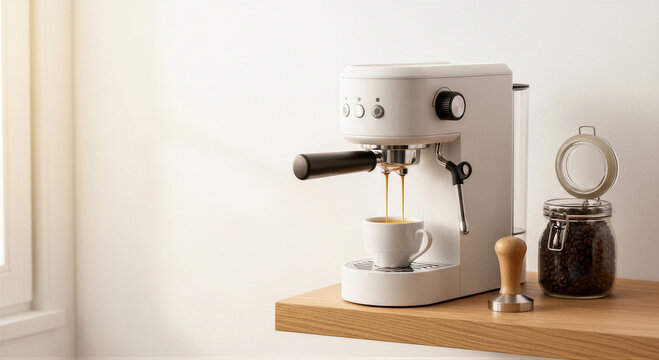 Modern white espresso machine brewing fresh coffee into a cup on a wooden counter with a coffee bean jar and tamper nearby