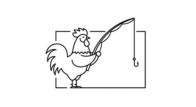 Funny Rooster Fishing with Rod and Hook, Cartoon Style