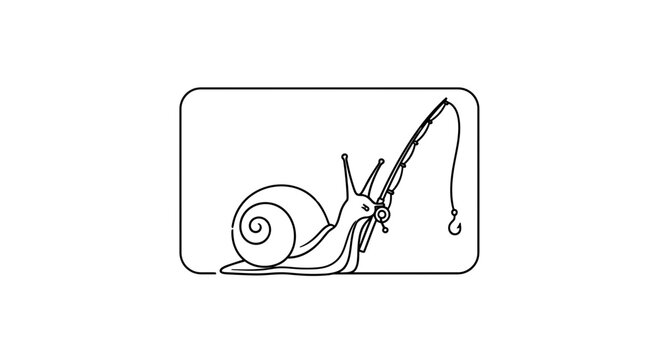Funny Snail Fishing with Rod and Hook, Slow Motion Concept, Line Art Illustration