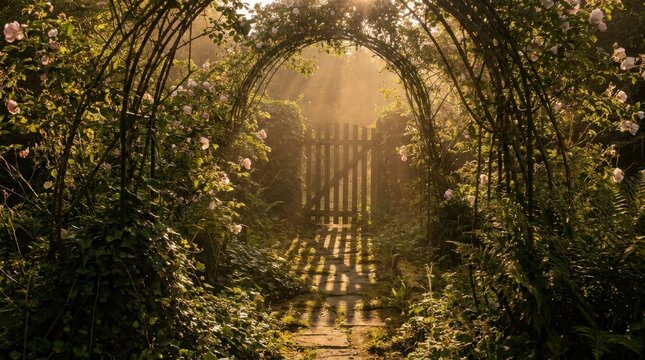 Overgrown garden path with flagstones leading to a rustic wooden gate beneath a floral archway of climbing roses and ivy, illuminated by golden morning sunbeams and warm hazy mist.
