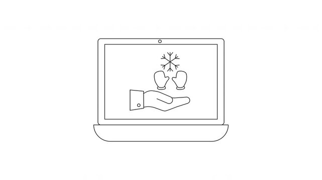 Hand holding snowflake icon on laptop screen.