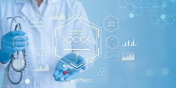 Medical professional analyzing genetic frameshift mutation effects with futuristic digital interface and DNA visualization