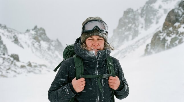 A person standing on a snowy mountain, wearing a backpack and ski goggles, with a snow-covered landscape in the background.