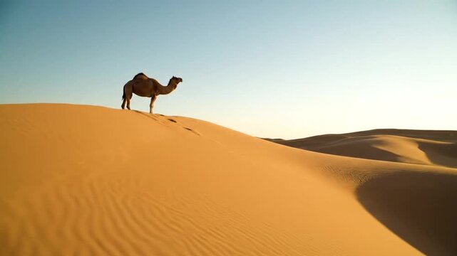 A lone camel standing on top of a golden desert dune under a bright sky.