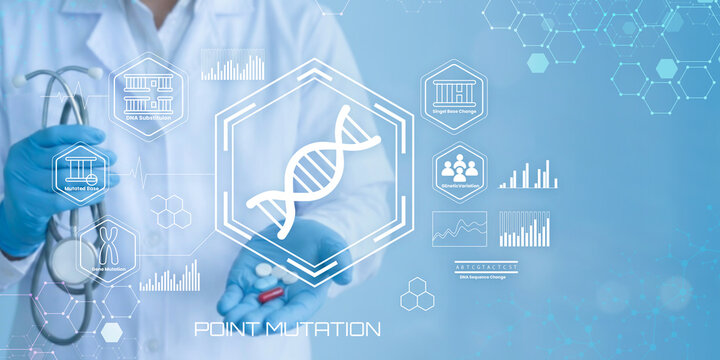 Medical professional analyzing genetic point mutation with futuristic technology and data visualization elements