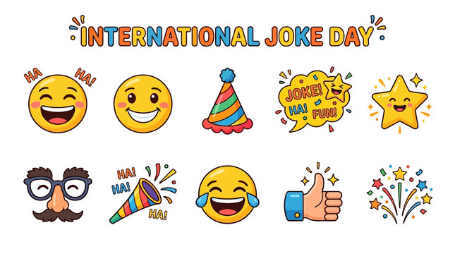 International Joke Day Symbols with Laughing Face Party Hat and Celebration Elements