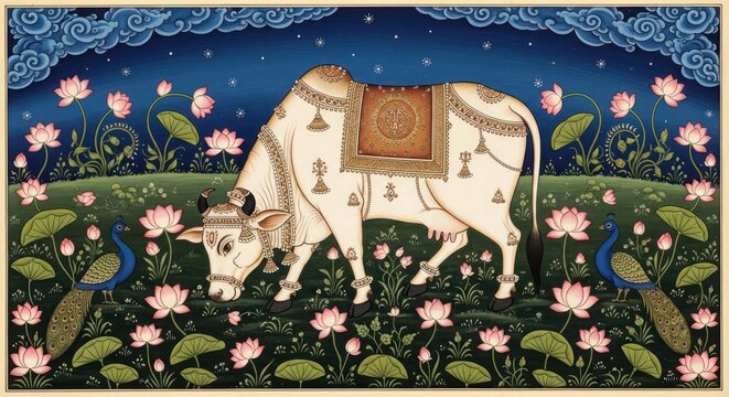 Traditional Indian Miniature Painting of a Sacred Cow Amidst Lotuses and Peacocks.
