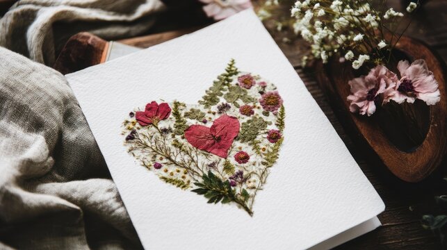 Floral heart design on white paper with natural elements and rustic background
