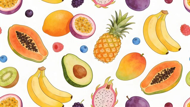Vibrant illustrations of various fruits scattered across a seamless pattern on a white background