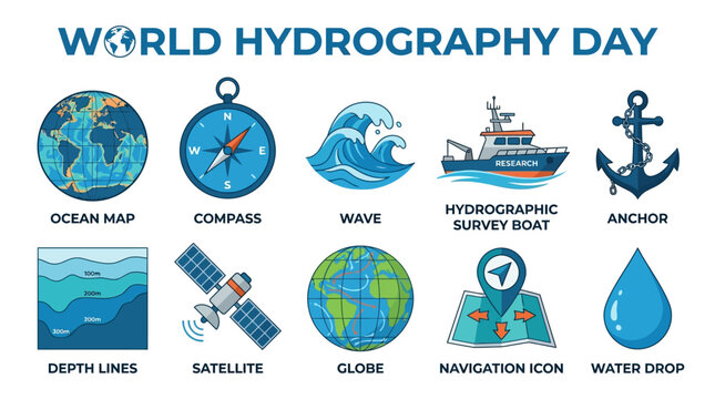 Ocean Map Compass Wave Survey Boat and Navigation Symbols for World Hydrography Day