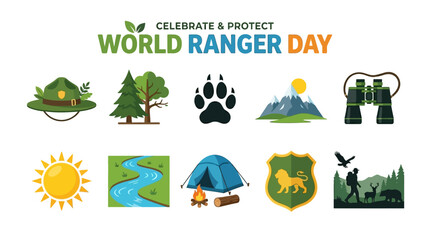 Naklejka premium World Ranger Day Symbols with Hat Forest Paw Print Mountain Binocular Tent and Wildlife