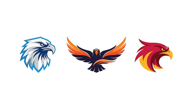 Three stylized bird head logos flying side by side in various colors