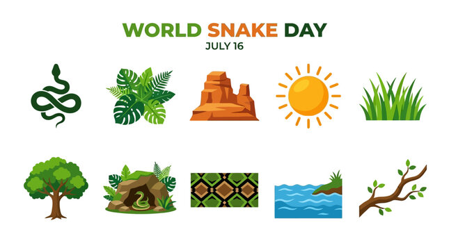World Snake Day Symbols with Snake Habitat Plants Sun Rock Water and Branch