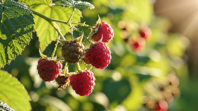 Closeup of ripe red raspberries growing on a bush in the sun.