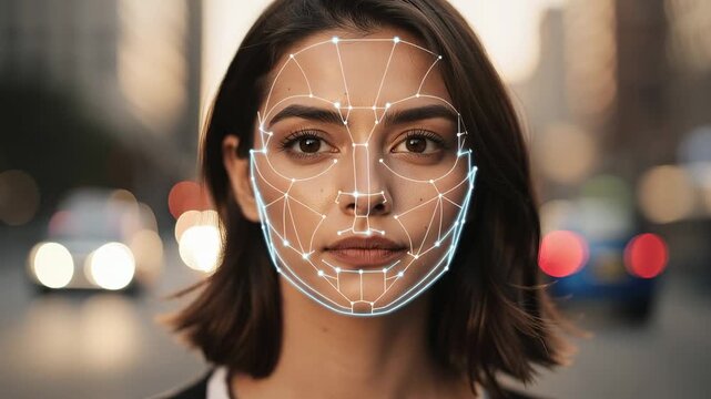 Young woman in urban environment with digital facial recognition technology mapping face