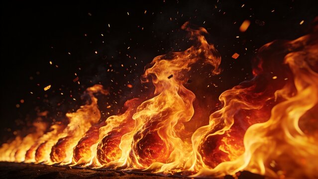 Vibrant fireworks explode across a bright night sky with flames dancing high.