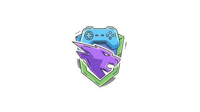 A purple wolf illustration with a blue gaming controller on a green shield