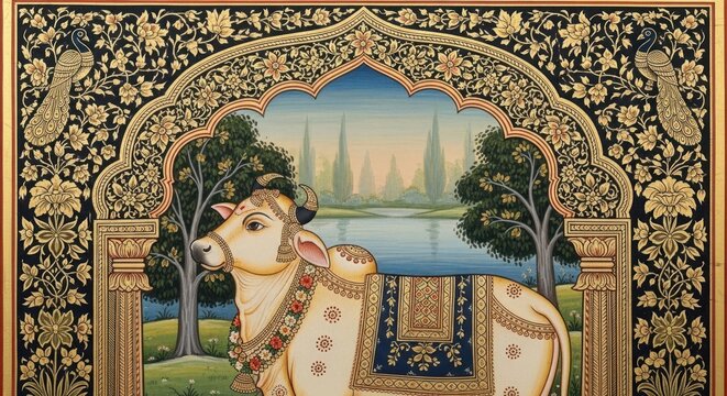 Traditional Indian Miniature Painting of a Sacred Cow.