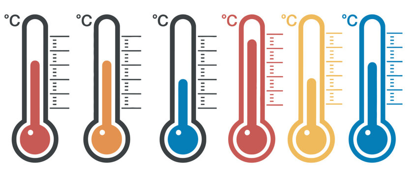 Thermometer vector icon set featuring temperature measurement symbols, color-coded hot and cold indicators, weather icons, and clean modern isolated design on transparent background