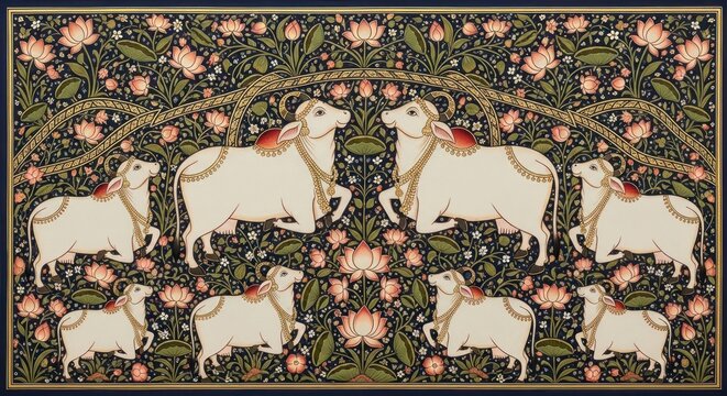 Traditional Indian Miniature Painting of Cows and Sheep Amidst Floral Motifs.