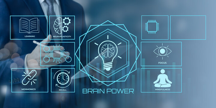 Modern Conceptual Infographic Showcasing Brain Power Techniques Including Learning Neuroplasticity Memory Focus and Mindfulness