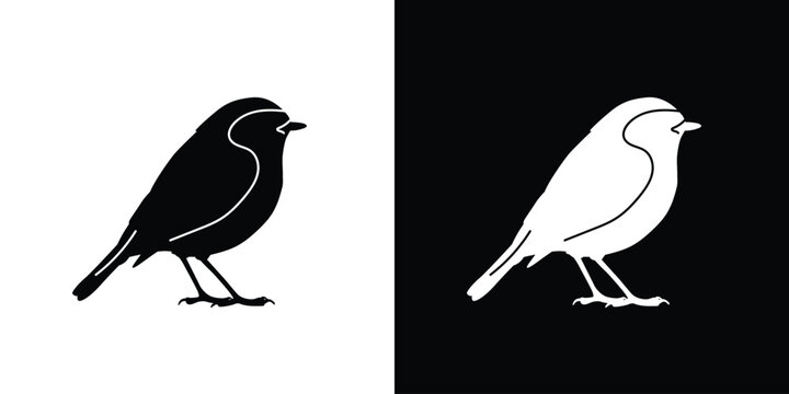 European robin icon vector, robin silhouette, black and white silhouette, flat solid logo, bird symbol, isolated, invert color design, avian