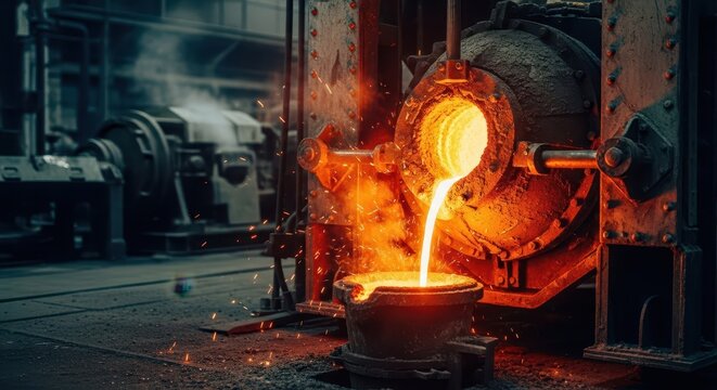 Molten metal pours from an industrial furnace into a casting mold in a factory.
