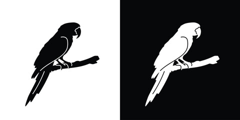 Macaw icon vector, macaw parrot silhouette, black and white silhouette, flat solid logo, bird symbol, isolated, invert color design, avian © Vinh