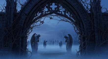 Naklejka premium Stone angel statues stand in a mist-covered cemetery beneath an old gothic archway at night.