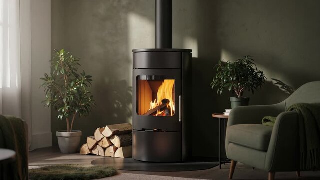 Cozy living room with warm flames dancing in a sleek modern stove for a relaxing home retreat