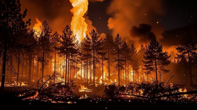 Fierce wildfire engulfing towering trees with intense flames and glowing devastation in forest landscape