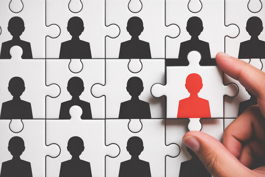 Person adding final puzzle piece with bright red human figure representing talent management recruitment and hiring process.
