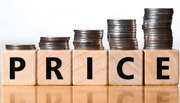 Wooden blocks with coins stacked on top forming the word price on a white background