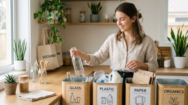 A woman sorting recyclable items into bins in a kitchen.