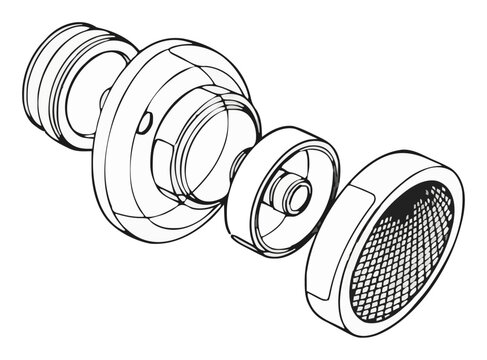 Condenser microphone exploded view line art. Generative AI