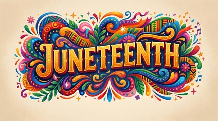 Fototapeta premium Juneteenth celebration colorful text with fireworks
