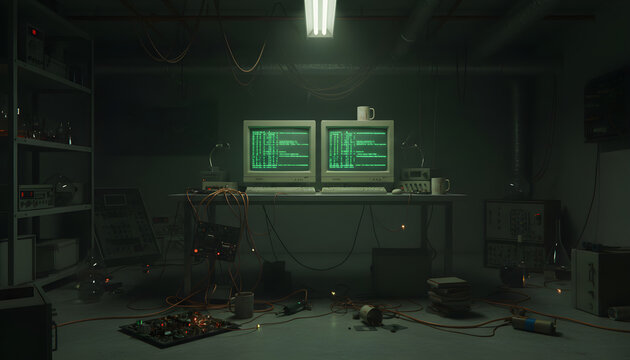 Basement workstation with vintage computers displaying green code
