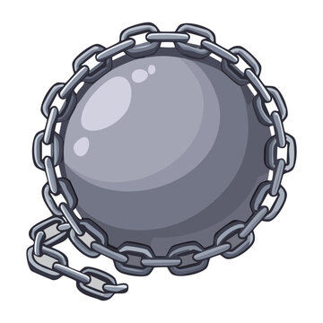 Round spiked metallic mace ball with steel chain heavy medieval weapon casual mobile game obstacle asset vector digital illustration art