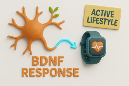 Conceptual look at brain health, neuron shows positive BDNF response from an active lifestyle. fitness tracker icon represents benefit of exercise
